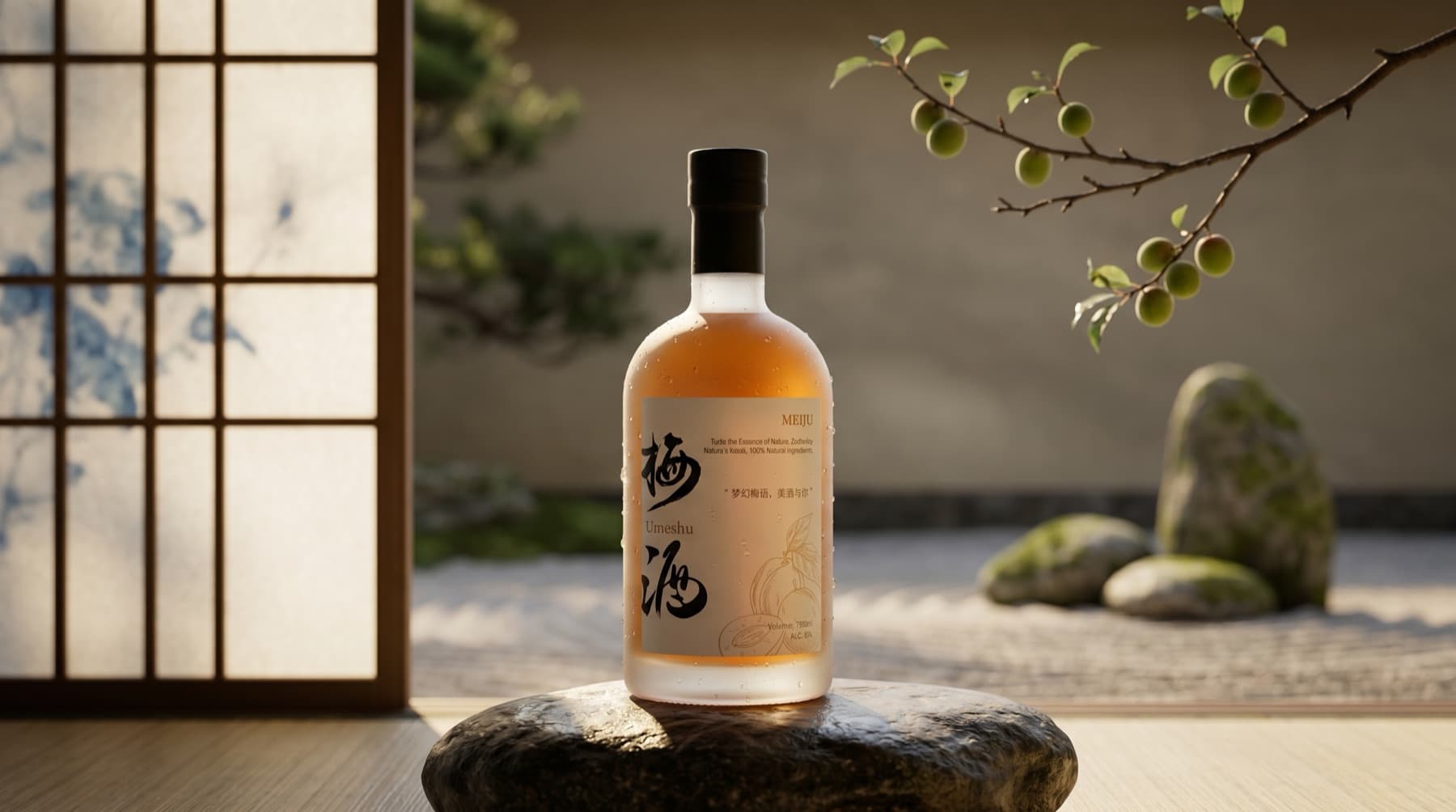 Meiju bottle resting in a sunlit garden